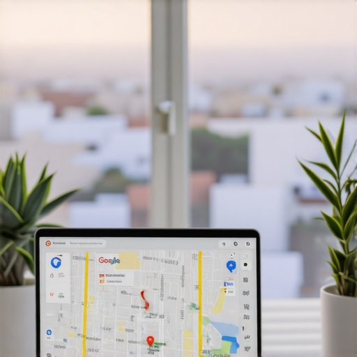 Business owner analyzing Google Maps data on laptop with Laredo cityscape in background