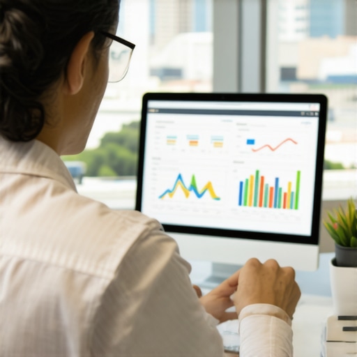 Business owner reviewing SEO analytics with Laredo cityscape in background