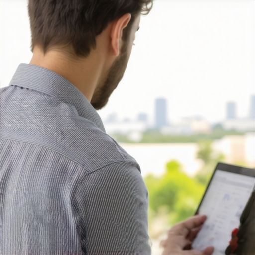 Expert Analyzing Local SEO Data in Laredo SEO expert working on local search optimization with Laredo cityscape backdrop