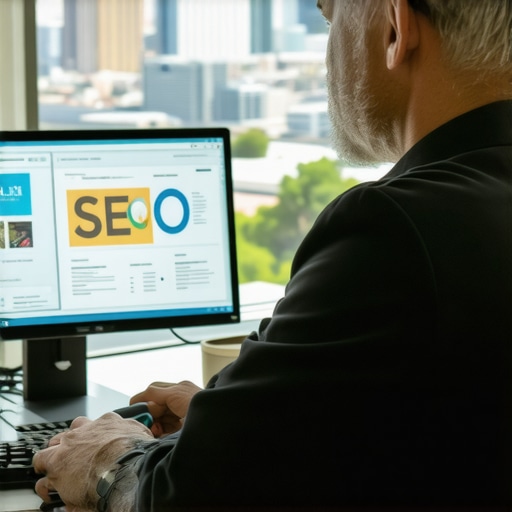 Consultant studying Google Analytics and cityscape to improve local SEO in Laredo.