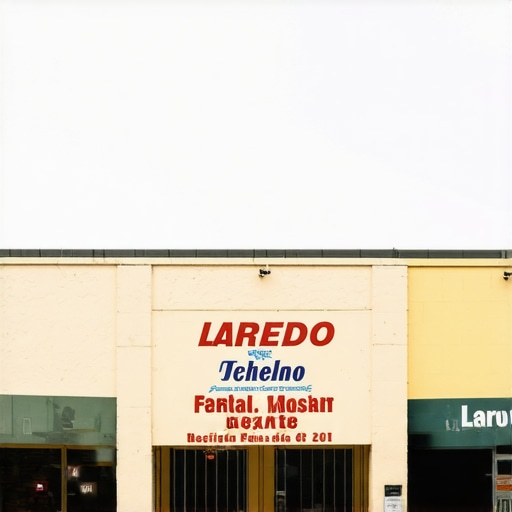 Street view of small businesses in Laredo with bilingual signs