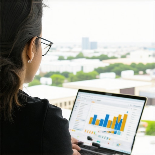 SEO specialist analyzing local SEO data with Laredo cityscape background.