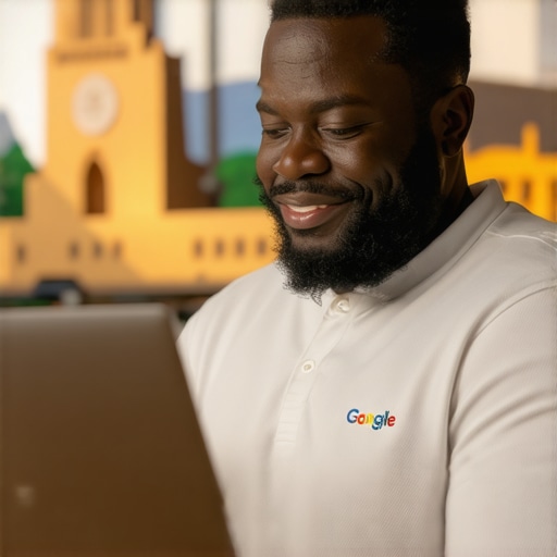 Optimizing GMB Profile in Laredo Business owner updating Google My Business profile with Laredo landmarks in the background.