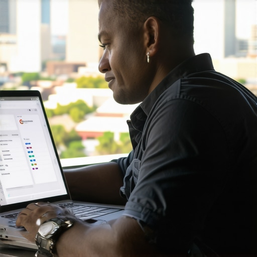 Optimizing GMB Profile in Laredo Business owner updating Google My Business profile on a laptop with Laredo cityscape.