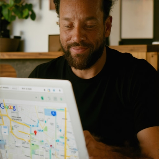 Business owner working on Google My Business profile on laptop with map in background