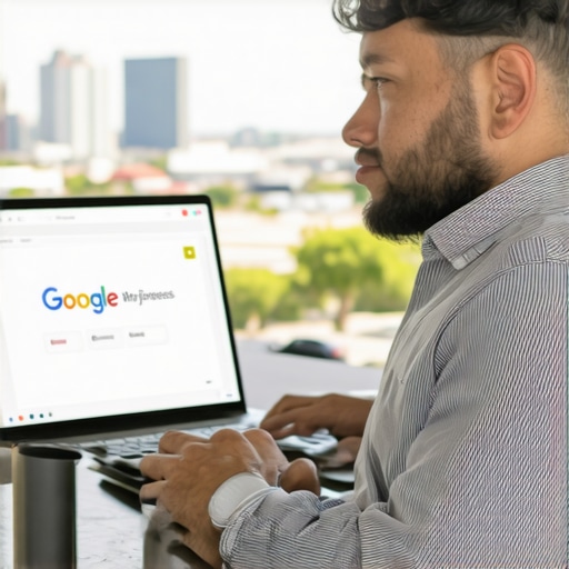 Optimizing Google My Business in Laredo Business owner updating Google My Business profile with cityscape background.