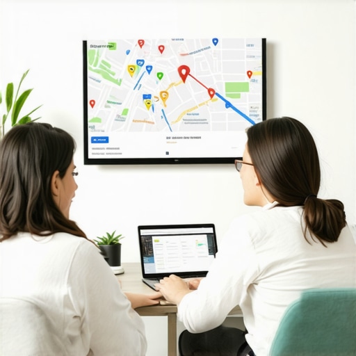 A team of digital marketers working together on a computer, planning local SEO optimization for Google Maps.