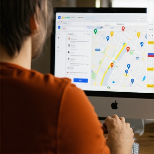 Business owner working on Google My Business profile at a computer, focusing on local SEO improvements.