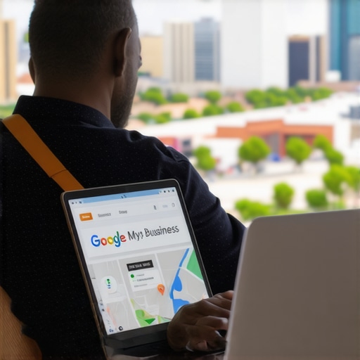 Business owner managing Google My Business profile on a laptop with Laredo city skyline in the background.