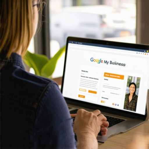 Business owner optimizing Google My Business profile with Laredo cityscape in background.