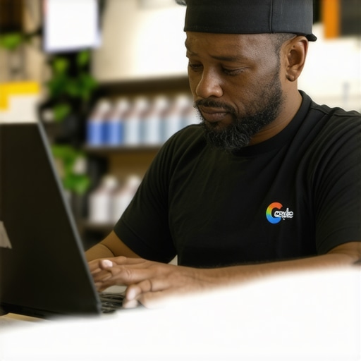 Business owner editing Google My Business profile on a laptop inside a Laredo storefront.