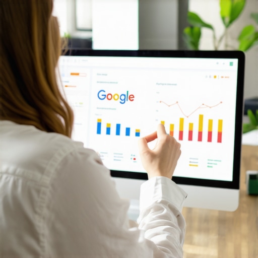 Business owner reviewing Google My Business analytics on a laptop in Laredo.