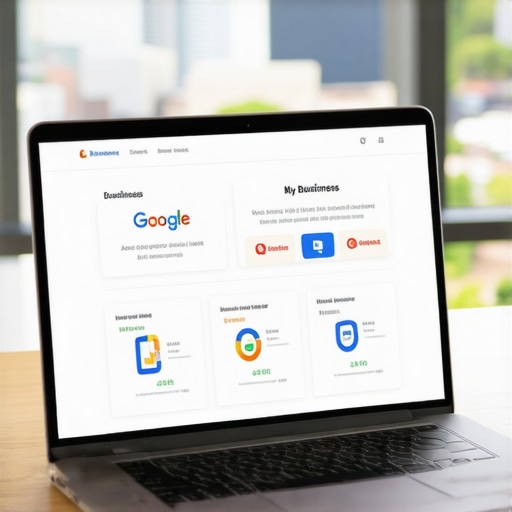 Laptop displaying Google My Business metrics with Laredo city skyline in the background.