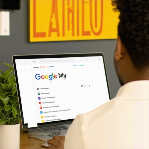 Business owner updating Google My Business profile on a laptop with Laredo storefront in background.
