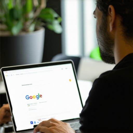 Business owner optimizing Google My Business profile on a laptop.