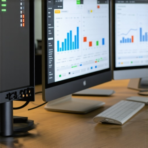 A professional workspace showing SEO analytics and management tools on screens.
