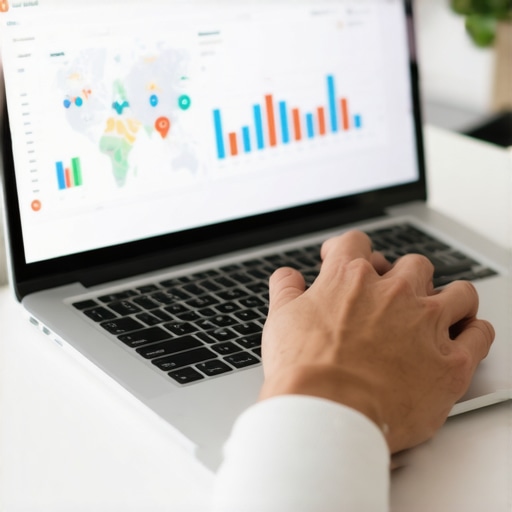 Person analyzing local SEO metrics on a laptop with charts and maps.
