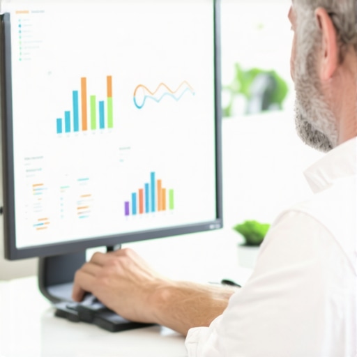 Business owner reviewing SEO analytics on a computer screen with maps and charts